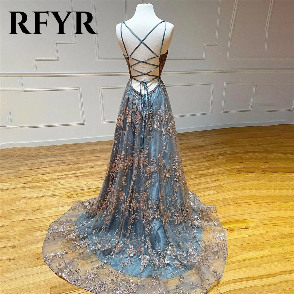 RFYR Charming Grey Evening Dresses Beading Sequins Flower Prom Dresses A-Line Princess Spaghetti Straps Sleeveless فستان سهرة