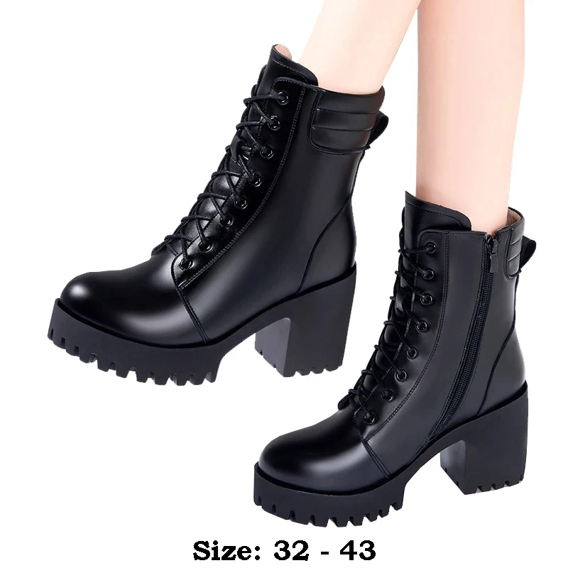 

High quality short ankle leather boots for women 8cm 10cm high heel platform autumn winter 32 33 43 fashion shoe black