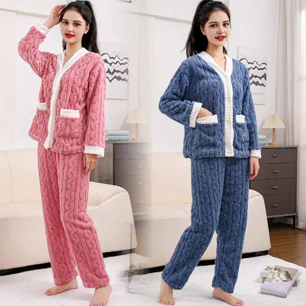 Autumn Winter Women's Warm Pajama Set Thicken Warm Coral Fleece Sleepwear Cardigan Flannel Loungewear Casual Homewear Suits