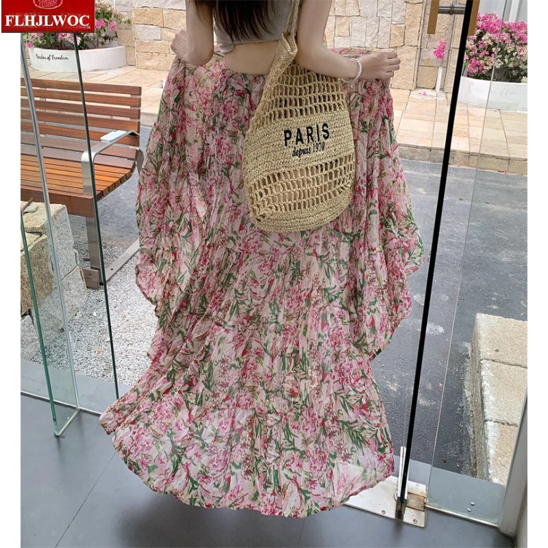 Holiday Long Maxi Skirts New 2026 Woman Retro Vintage Summer Pink Flower Floral Print High Waist A Line Pleated Layered Skirt