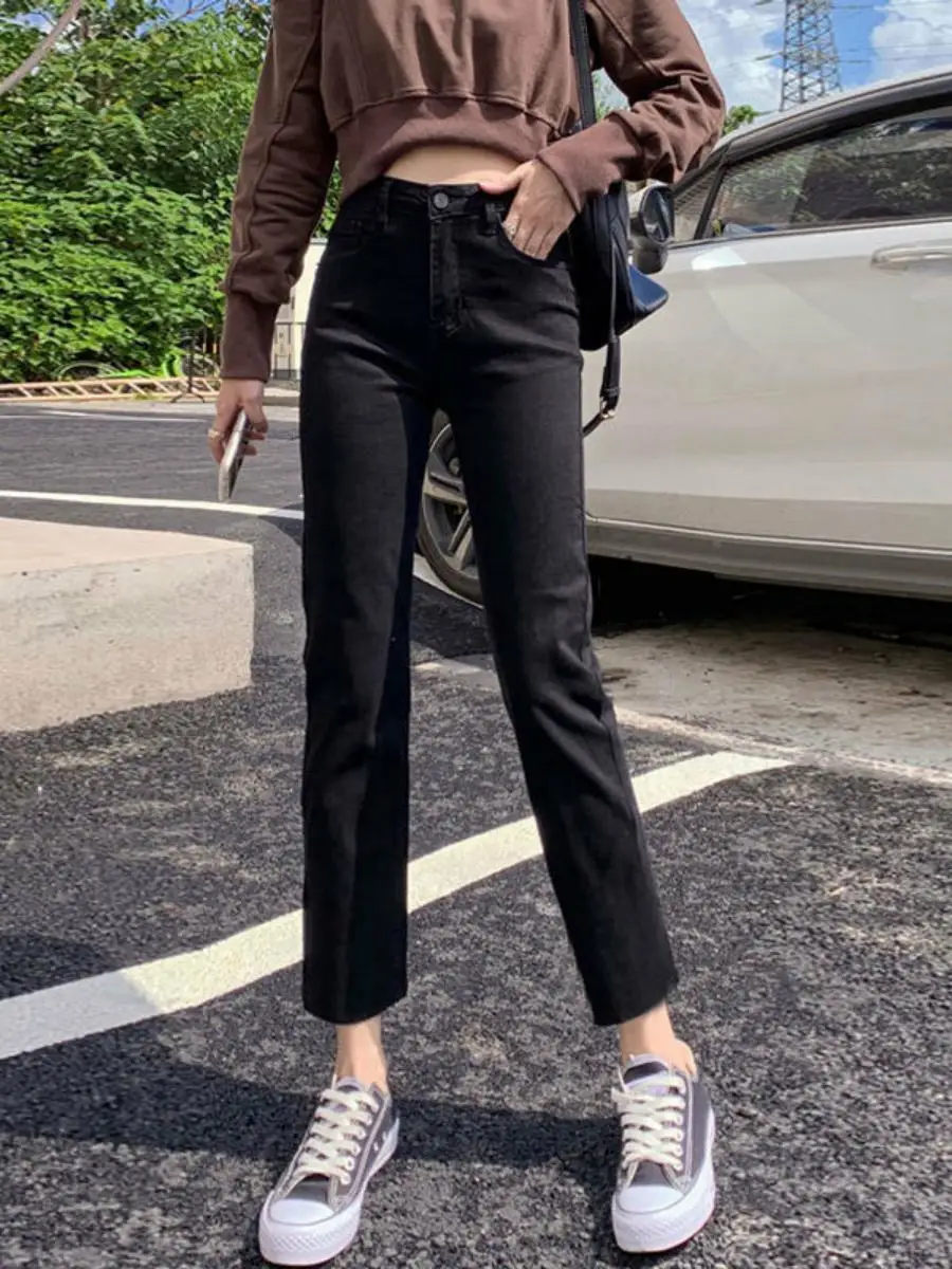 

Джинсы свободного кроя с высокой талией, женские весенне-осенние прямые брюки-трубы, эластичные брюки с девятью точками