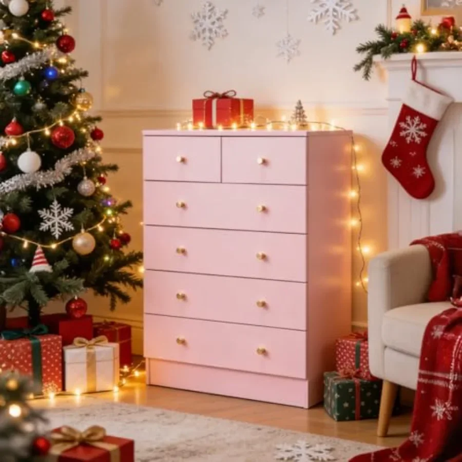 6 Drawer Dresser, Rose Gold Handle Modern Bedroom Chest