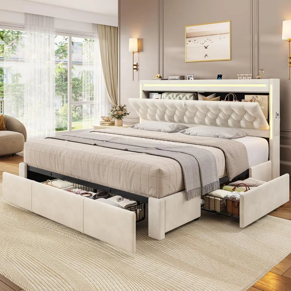 Upholstered LED Bed Frame King Size with 3 Storage Drawers, Hidden Storage Headboard with Charging Station, Velvet Button