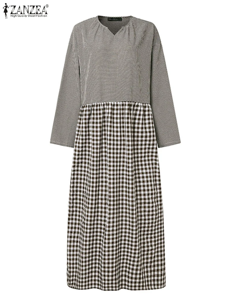 ZANZEA Long Sleeve Gingham Patchwork Maxi Dress V Neck Vintage Holiday 2025 Spring Vestidos Women Check Loose Casual Long Dress