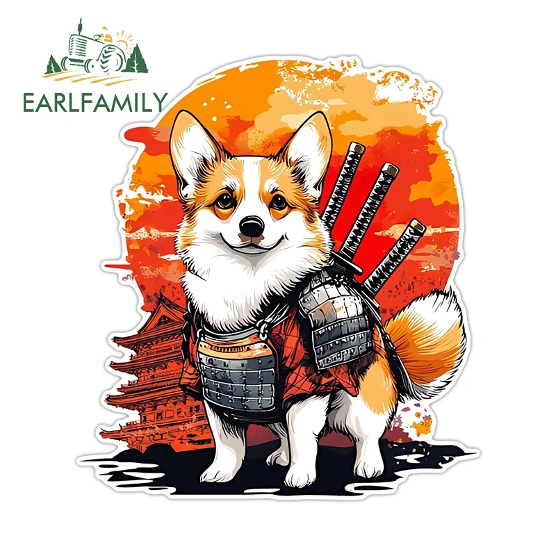 EARLFAMILY Japanese Samurai Puppy Car Stickers Lovely Welsh Corgi Cardigan Dog Decals Simple Graffiti Waterproof Car Styling
