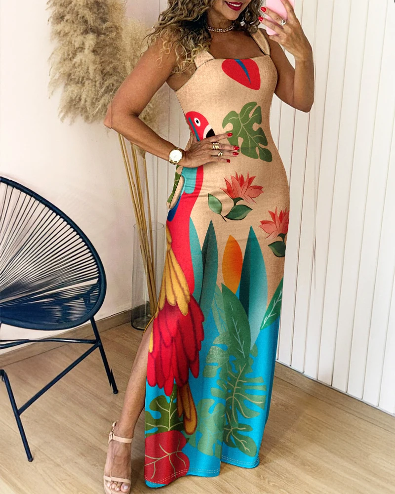 

Summer Women Dresses New Fashion Female Floral Print Thick Strap Slit Maxi Dress Women's Sexy Casual Slim Fit Vacation Dress