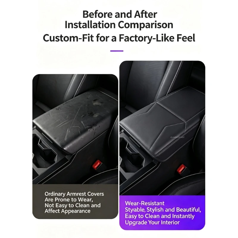 Vehicle Armrest Cover Center Console Cover with Elastic Hold, Slip On Interior Armrest Lid Cover, Black Stitched Finish for H9EE
