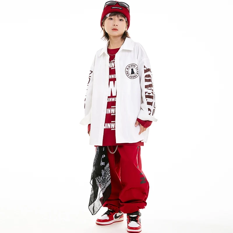 Children's Hip-Hop Costume Street Dance Clothing Autumn Winter White Long Sleeved Loose Suit Boys' Performance Outfits DN19144