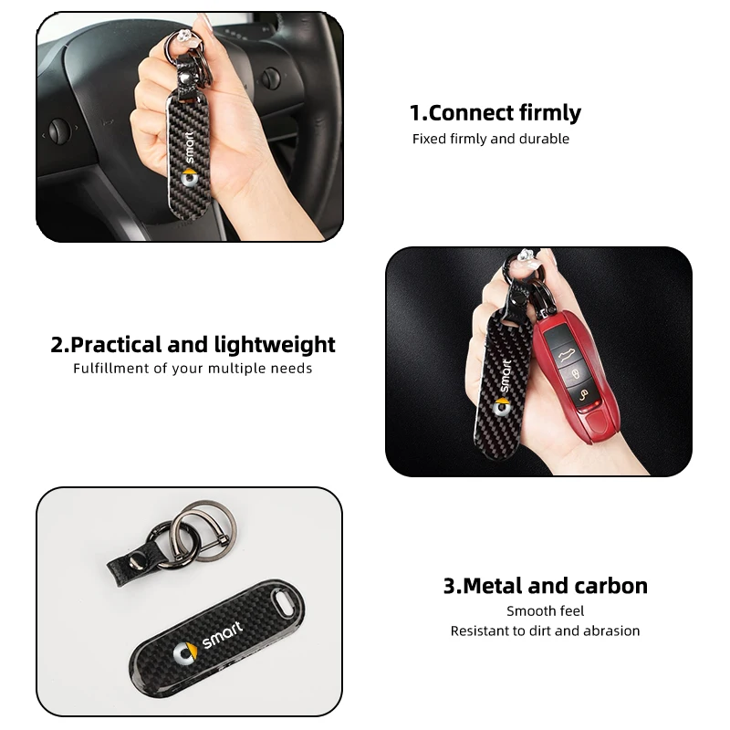 Car Keychain Carbon Fibre Car Keyring Car Key Strap For Smart Fortwo 451 450 453 Forfour EQ Cabrio Crossblade ROADSTER Coupe