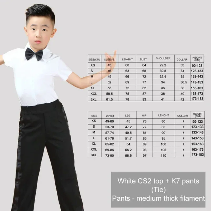 Traje latino para niños y adultos, camisa, pantalones, corbata, trajes de baile latino blancos para niños, traje de 3 piezas, salón de baile moderno, Tango, Rumba