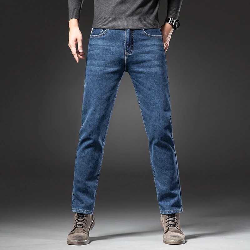 Winter New Style Super Thick Fleece Warm High Quality Men's Slim Straight Jeans Classic Business Casual Cotton Stretch Trousers