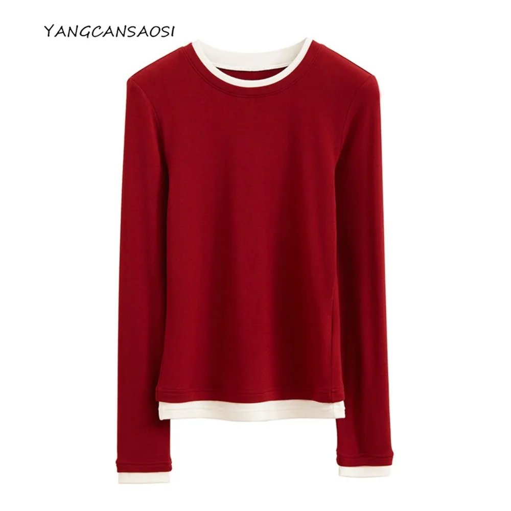 

Women's Autumn/Winter New Ganoderma Cashmere Skin Friendly Fake Two Piece Round Neck Color Contrasting Long Sleeve Warm Sweater