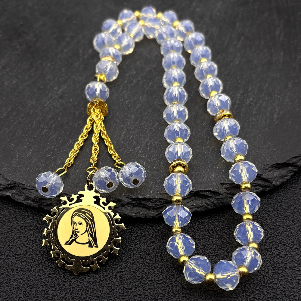 

Religious Virgin Mary Prayer Car Pendant for Women Men Stainless Steel Gold Color Chatolic Medal Glass Payer Beads Jewelry