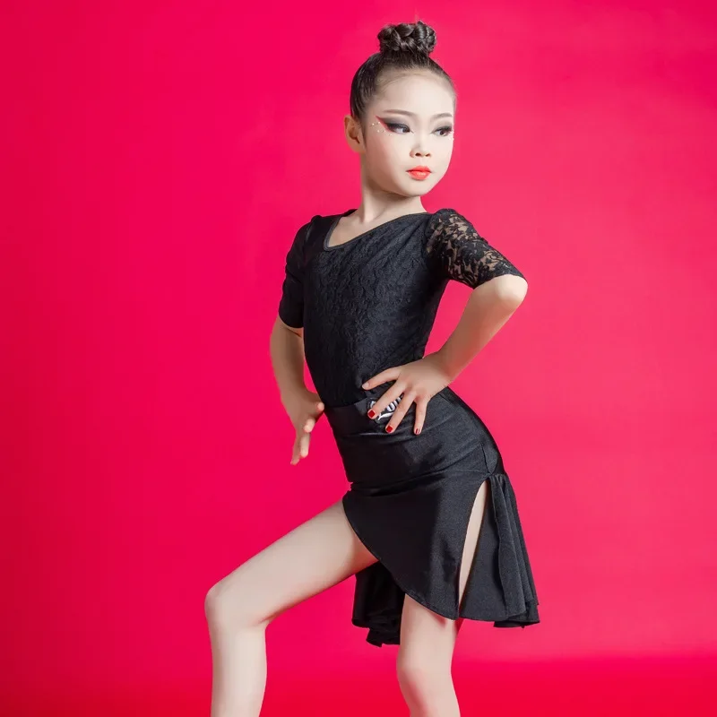 New Latin Dance Dress for Children Girls Practice Clothes Performance Clothing Lace Sleeve Top Skirts Suit Competition Costumes