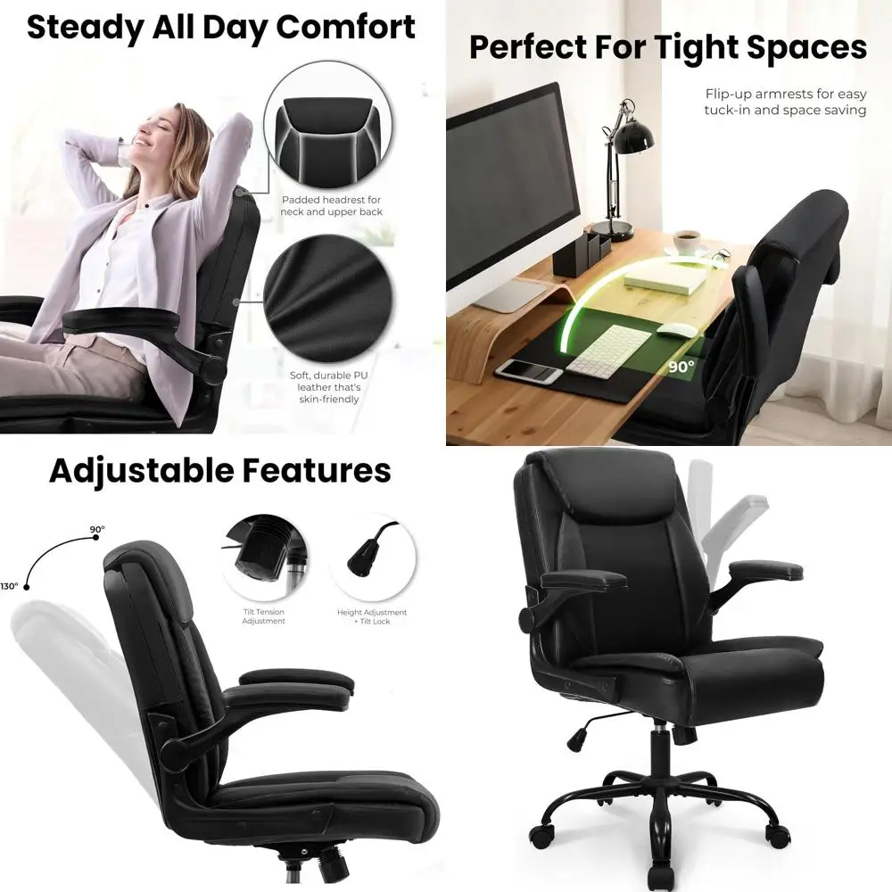 Ergonomic Executive Leather Gaming Chair with Adjustable Armrests, Wheels, and Swivel for Home Office or Study (All Black)