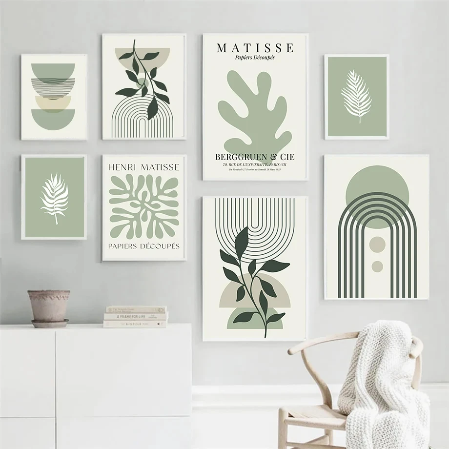 Sage Green Leaf Geometry Line Canvas Painting Matisse Abstract Boho Wall Art Poster And Prints For Living Room Home Wall Deco