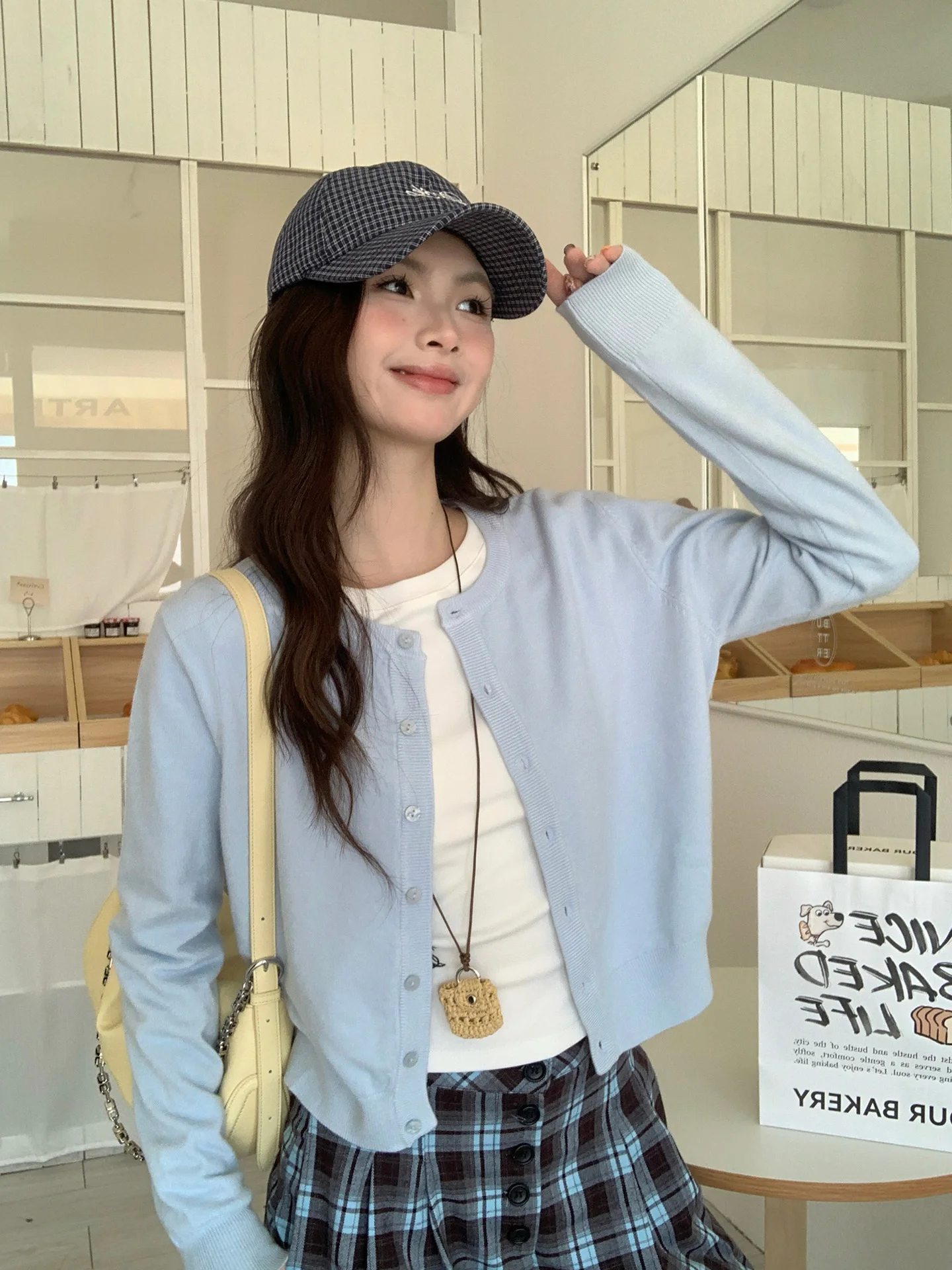 

Blue Knitted Open Cardigan Sweater Thin Outerwear for Women Soft Korean Sle Long Sve round Ne Breathable Spring Faion