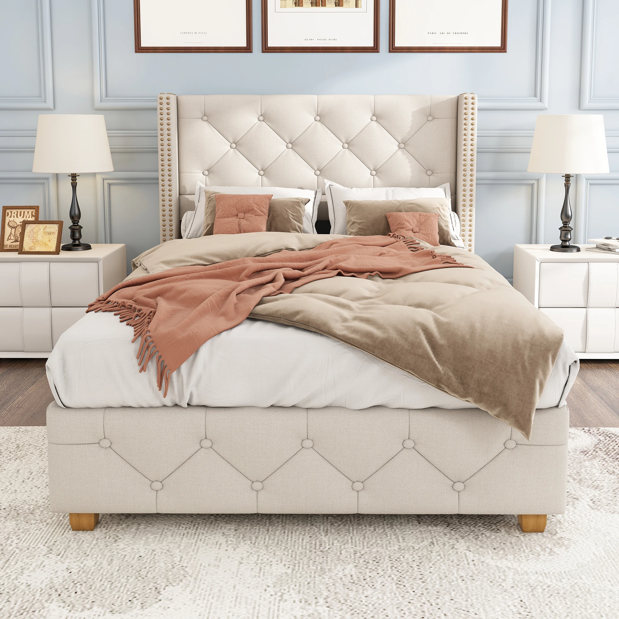 Lit simple 90x200 cm - Lit capitonné avec tête de lit boutonnée - Lin - Sans matelas - Beige
