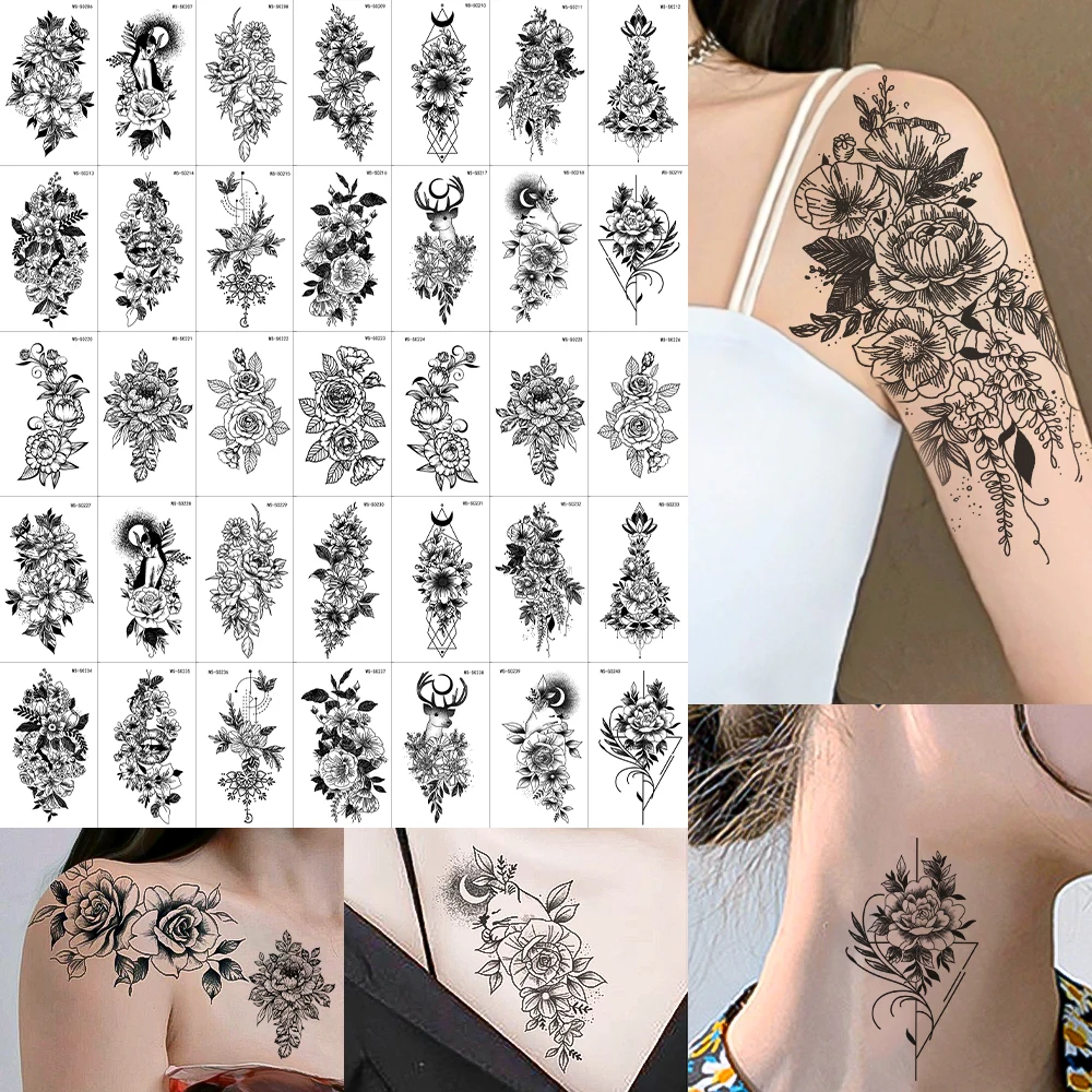 30/35 قطعة ثلاثية الأبعاد مثير زهرة سوداء الوشم ملصقات ارتفع الأزهار الأيائل المتاح وهمية الوشم للحزب الرجال النساء حفلة اليد الجسم ديكور #2