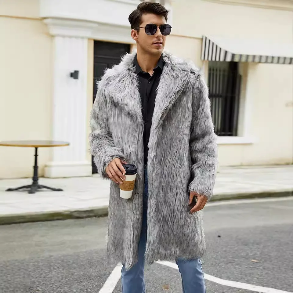 Turn Down Collar Spliced Faux Fur Long Sleeve Coats Cardigan Fur Loose Men Clothing Jacket Open Stitch Solid Casual Autumn