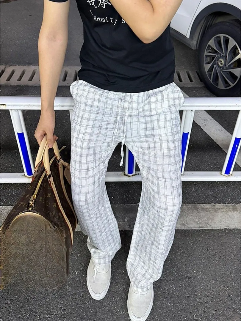 American Style White Bubble Cloth Plaid Casual Pants Men Thin Cool Breathable Loose Slim Straight Micro Flared Pants