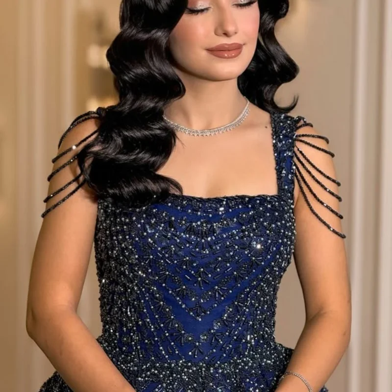 Shiny Dark Blue Quinceanera Dress off-shoulder Glitter Crystal Decal Long tail Beads Vestidos De 15 Quinceanera ﻿Customize
