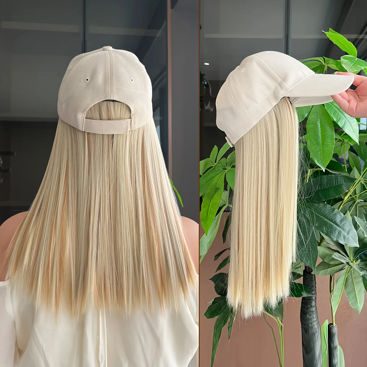 

Hat wig integrated female long hair beige cap long straight hair European and American fashion versatile new hat hair