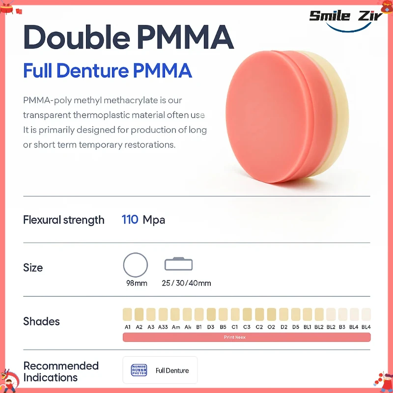 Dental Laboratory 98mm Doublelayer PMMA Block Vita16color and Pink PMMA Disc Gum Color Full Denture PMMA Resin Materials