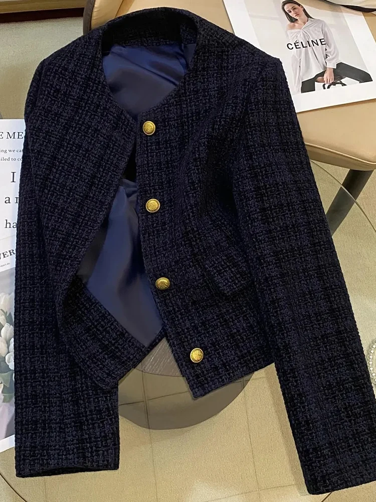 سترات نسائية أنيقة عتيقة بأكمام طويلة ورقبة دائرية وأزرار للمكتب سترة بدلة متينة لخريف وشتاء معاطف دافئة جمالية غير رسمية