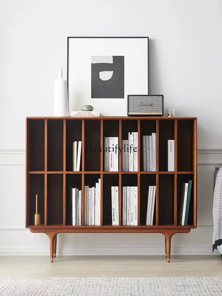 

Nordic medieval style simple solid wood multi-grid bookshelf light luxury retro oak bookshelf