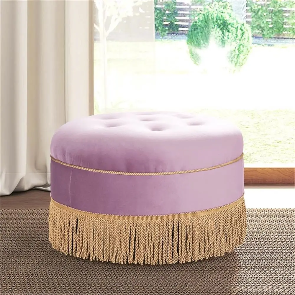 Round Upholstered Ottoman, Velvet Lavender, Hardwood Frame, Buttoned Seat with Tassel Fringe, Footrest & Seating, Customized