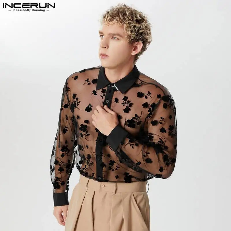 INCERUN-camisa de malla transparente para hombre, ropa de calle Sexy de manga larga con solapa Jacquard, S-5XL de fiesta, 2024