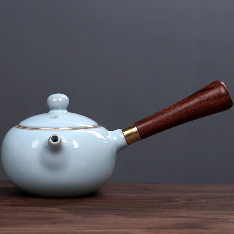 High-grade Ceramic Kung Fu Tea Set Overglaze Color Bubble Teapot Hot-proof Solid Wood Side Handle Pot Household Simple Teaware