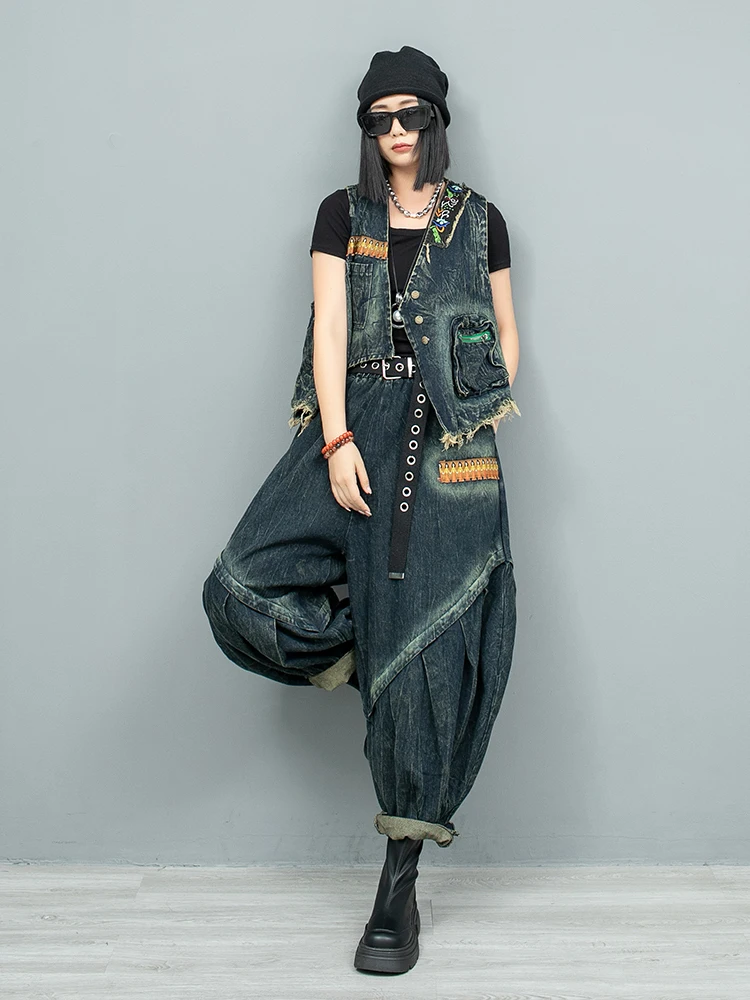 Ethnic Style Embroidery Patchwork Irregular Denim Vest + Lantern Pants Two-piece Set Women 2024 Autumn Fashion Pant Set LX2395