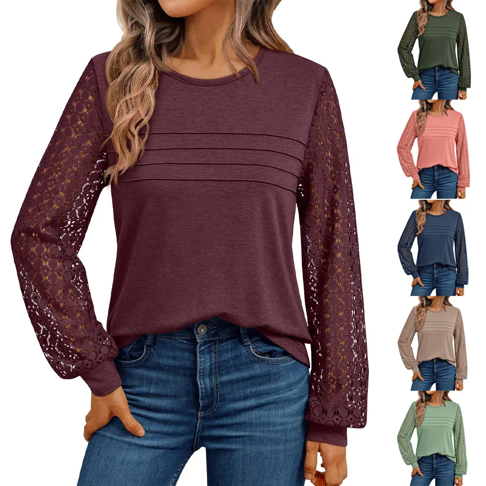 

Women's Elegant Casual T-Shirt Autumn Solid Color Round Neck Blouse Lace Stitching Long Sleeved Loose Fit Shirts for Office Lady