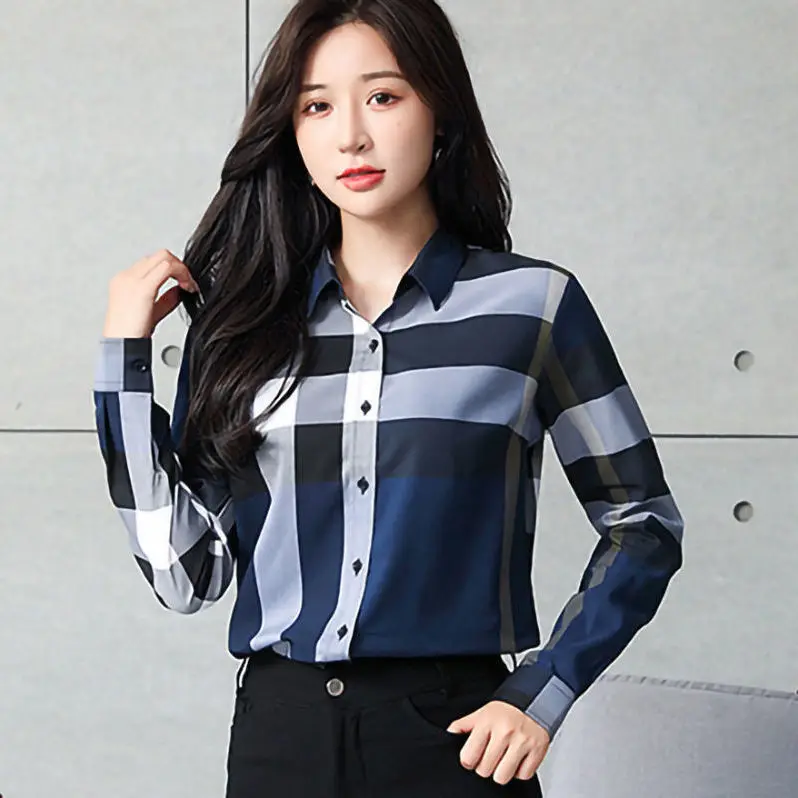 Premium Blue Spring Autumn Checked Shirt Women\'s Long Sleeve Korean New Style Inside And Outside Matching Loose Bottom Shirt