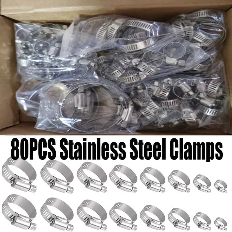 

80pcs Hose Clips Pipe Clamps 6mm-51mm Stainless Steel Hoop Clamp Hose Clamp Stainless Steel Set automotive pipes clip Fixed tool