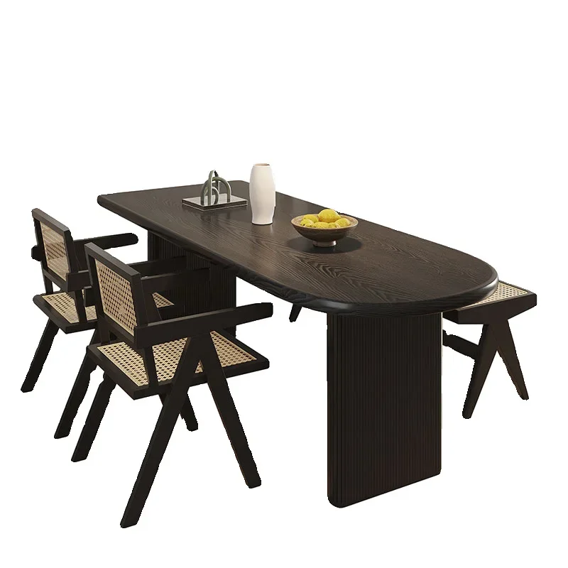 

Black solid wood semi-oval dining table Island table integrated 1.6 meters against the wall Small apartment log retro French din