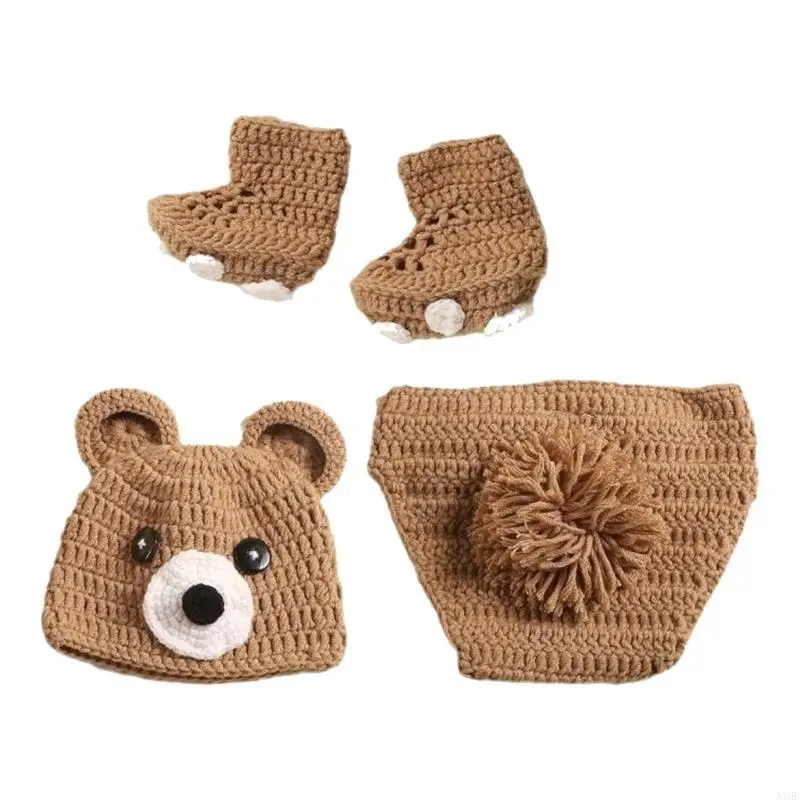  Adorable Cartoon Bear Hat and Matching Pants & Knitting Shoes Set Perfect Photography Attire for Newborns Photoshoots