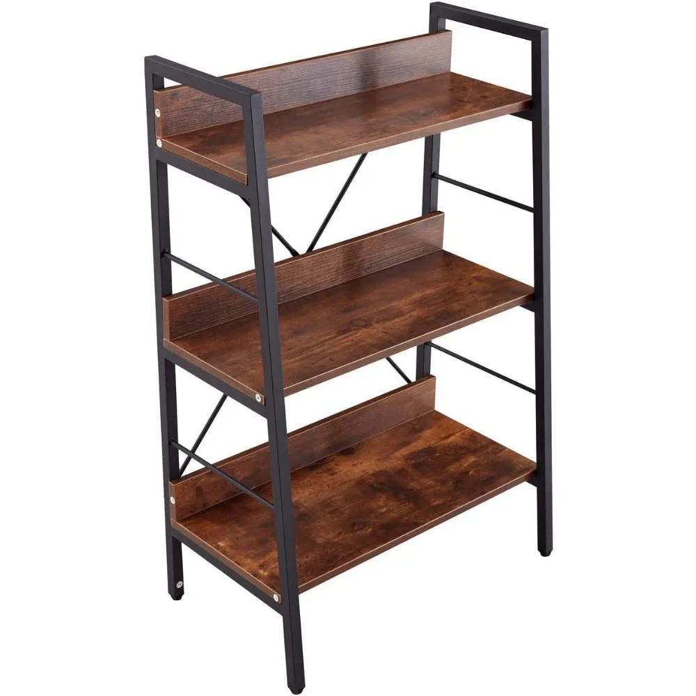 رف كتب بإطار معدني مع أرفف على شكل سلم، وحدة رف تخزين MDF بلمسة نهائية بنية للمكتب المنزلي #5