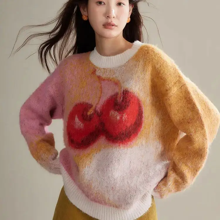 Sweater Cherry Print Round Neck For Women Sweet Autumn And Winter Loose Knitted Pullover Sweater For Women Fashionable