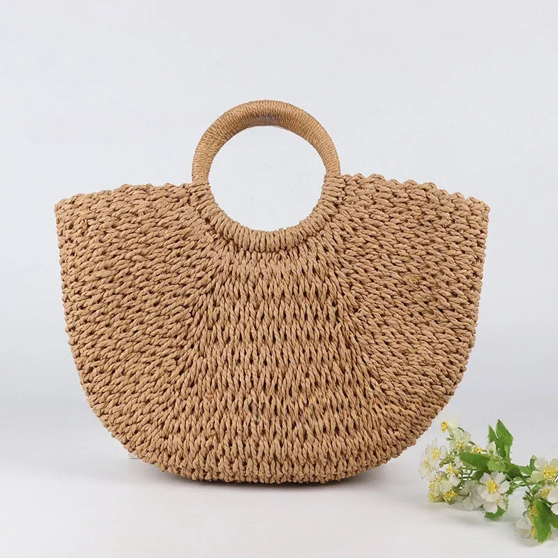 New Straw Bag Paper Rope Round Bucket Bag Hollow Woven Casual Handbag Retro Belt Buckle Woven Bag Unique Bucket Bags