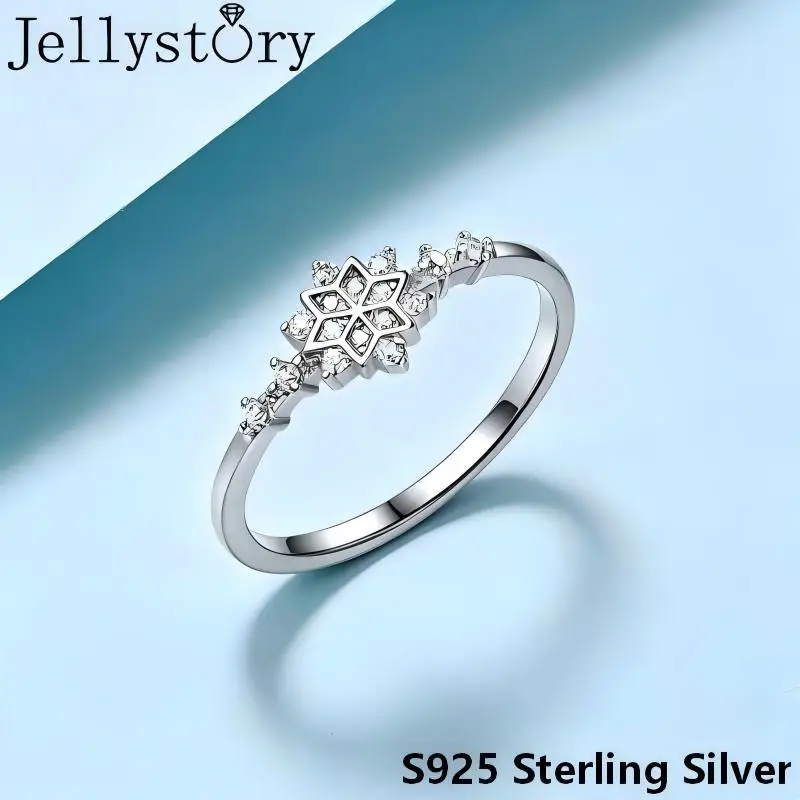 JellyStory Hexagonal Snowflake Ring Winter Magic Love Gift S925 Silver Full Inlaid Moissanite Sparkling Light Luxury Jewelry