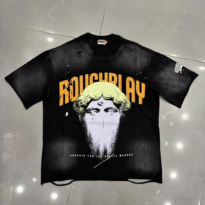 New Arrival Rough Play Unisex T-Shirt Vintage Sculpture Portrait Print Distressed Short Sleeve Streetwear Tee