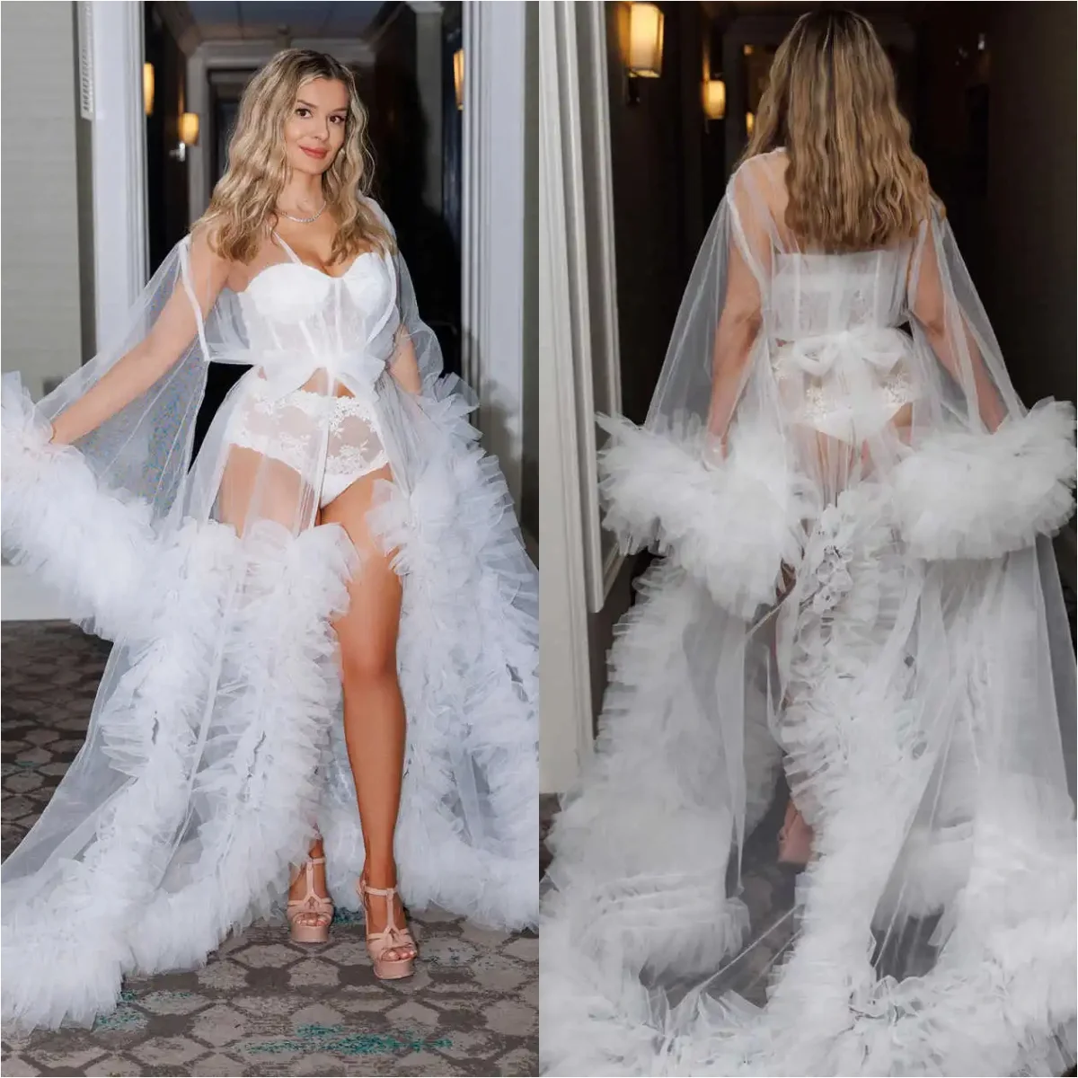 

White Tulle Bride Robe Maxi Long Sleeve Layered Ruffle Lingerie Women Gowns Boudoir Bathrobe Maternity Dress For Babyshower