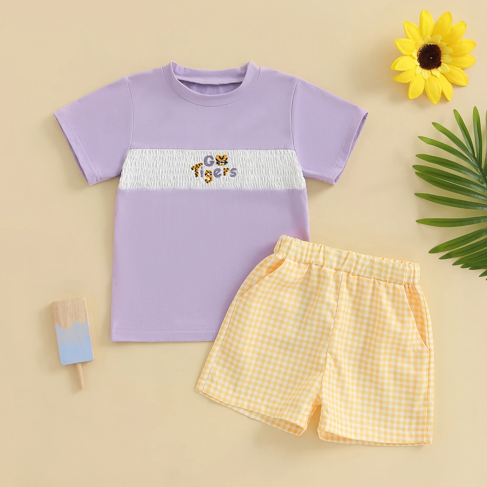 

0-3 Years Toddler Boy Summer Outfit Tiger Letter Embroidery Short Sleeve Round Neck T-Shirt + Plaid Shorts 2Pcs Set