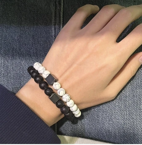 European and American retro Black frosted wood bead bracelet hematite bead bracelet set men black agate bead elastic bracelet