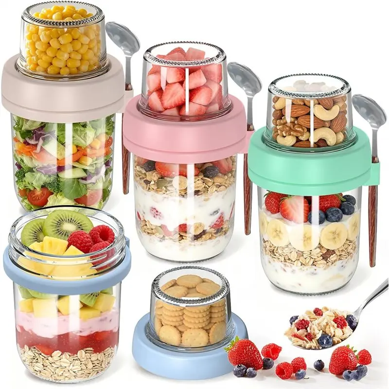 

ALIM-4 Pack Overnight Oats Containers Dual-Layer Yogurt Containers With Lids Dry And Wet Separation Lids And Spoons