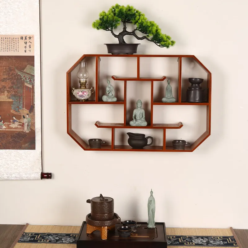 Solid wood new Chinese Bogu frame Duobao grid shelf tea room wall-mounted teapot tea leaves wall tea set display stand