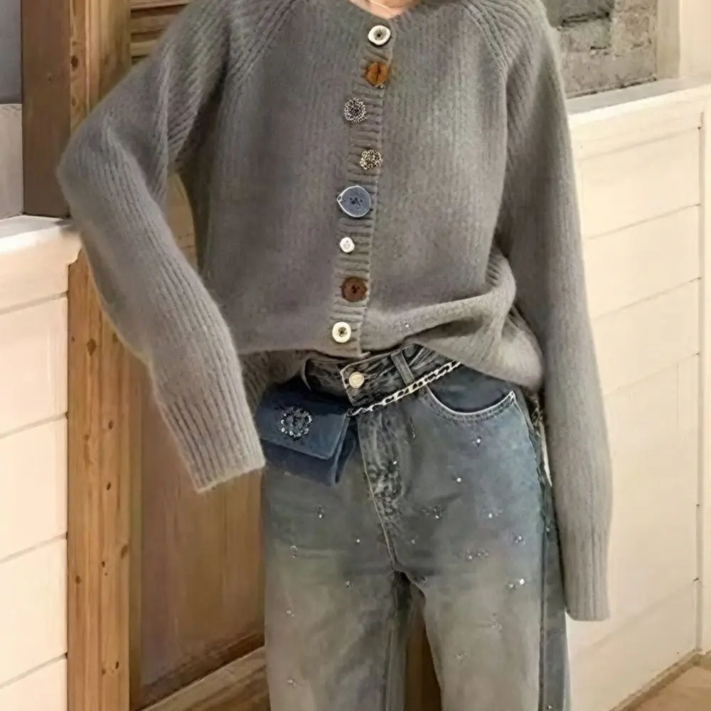 Pull tricoté ample pour femmes, Design de boutons colorés, Style coréen, paresseux, mode, Cardigan ouvert, manteau supérieur, automne